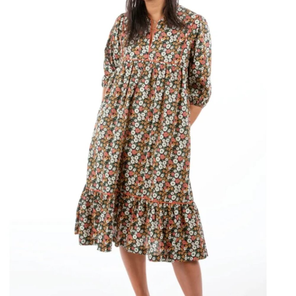 Floral Tiered Midi Dress in Olive Multi - Saint Geraldine Size M